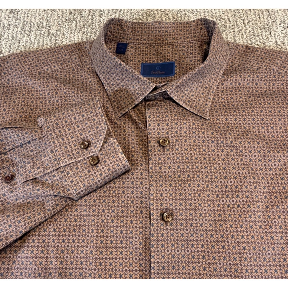 David Donahue Button Down Shirt Mens XXL Brown Blue Geometric Medallion Cotton